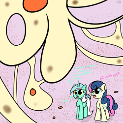 Size: 1999x1999 | Tagged: safe, artist:dafiltafish, derpibooru import, bon bon, lyra heartstrings, sweetie drops, earth pony, pony, unicorn, comic:day by day, atg 2021, dialogue, female, food, mare, newbie artist training grounds, pizza