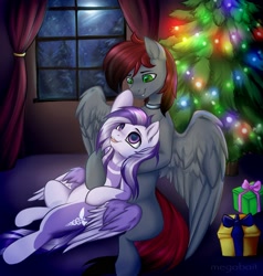 Size: 1806x1896 | Tagged: safe, artist:megabait, derpibooru import, oc, oc only, oc:snowdrop, pegasus, pony, christmas, christmas lights, christmas tree, holiday, oc x oc, present, shipping, tree