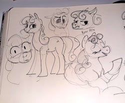 Size: 1024x839 | Tagged: safe, artist:alumx, derpibooru import, bon bon, sweetie drops, earth pony, pony, female, lying down, mare, monochrome, pencil drawing, photo, prone, sketch, solo, traditional art