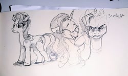 Size: 1024x616 | Tagged: safe, artist:alumx, derpibooru import, starlight glimmer, pony, unicorn, eyes closed, female, laughing, mare, monochrome, pencil drawing, sketch, solo, traditional art