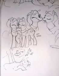 Size: 797x1024 | Tagged: safe, artist:alumx, derpibooru import, aloe, lotus blossom, earth pony, pony, duo focus, eyes closed, female, mare, massage, monochrome, mouth hold, one eye closed, pain star, pencil drawing, photo, sketch, spa twins, traditional art, wink