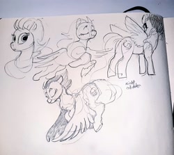 Size: 1024x912 | Tagged: safe, artist:alumx, derpibooru import, night glider, pegasus, pony, butt, eyes closed, female, flying, mare, monochrome, pencil drawing, photo, plot, sketch, solo, traditional art