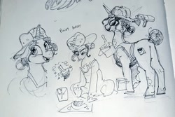 Size: 1024x686 | Tagged: safe, artist:alumx, derpibooru import, fresh coat, pony, unicorn, backwards ballcap, baseball cap, butt, cap, female, hat, mare, monochrome, paint, paint bucket, paint roller, paintbrush, pencil drawing, photo, plot, sketch, smock, solo, traditional art