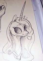 Size: 721x1024 | Tagged: safe, artist:alumx, derpibooru import, princess cadance, alicorn, pony, bust, female, heart, mare, monochrome, offscreen character, pencil drawing, photo, sketch, solo, traditional art