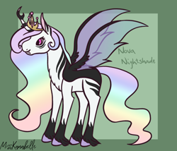 Size: 1750x1500 | Tagged: safe, artist:misskanabelle, derpibooru import, oc, oc only, oc:nova nightshade, alicorn, changepony, hybrid, pony, abstract background, alicorn oc, female, horn, jewelry, magical lesbian spawn, mare, multicolored hair, offspring, parent:princess celestia, parent:queen chrysalis, parents:chryslestia, rainbow hair, signature, solo, tiara, wings