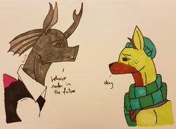 Size: 2778x2034 | Tagged: safe, artist:agdapl, derpibooru import, changeling, deer, reindeer, changelingified, clothes, crossover, dialogue, duo, scarf, scout, signature, species swap, spy, team fortress 2, traditional art