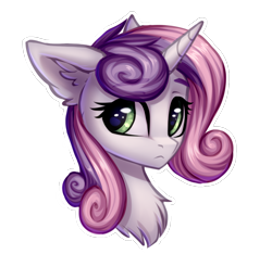 Size: 1956x1830 | Tagged: safe, artist:setharu, derpibooru import, sweetie belle, pony, unicorn, bust, chest fluff, cute, diasweetes, ear fluff, ears, female, frown, mare, older, older sweetie belle, portrait, simple background, solo