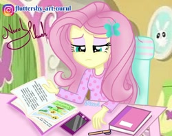 Size: 1080x854 | Tagged: safe, artist:fluttershy_art.nurul, derpibooru import, angel bunny, fluttershy, equestria girls, book, cellphone, clothes, female, fluttershy's bedroom, hairpin, indonesia, male, pajamas, phone, smartphone, solo focus, studying, tired