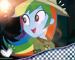 Size: 1080x866 | Tagged: safe, derpibooru import, edit, edited screencap, editor:thelegendofmylittlepony, screencap, rainbow dash, dance magic, equestria girls, spoiler:eqg specials, 20th century, cute, dashabetes, female, hero dash, olive green shirt, open mouth, pith helmet, rainbow dash is best human, rainbow sass, safari dash, smiling, solo, warrior