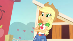 Size: 3410x1920 | Tagged: safe, derpibooru import, screencap, applejack, better together, equestria girls, fluttershy's butterflies, fluttershy's butterflies: applejack, belt, clothes, cowboy hat, crossed arms, cute, cutie mark, cutie mark on clothes, denim skirt, female, geode of super strength, hat, jackabetes, jewelry, magical geodes, necklace, skirt, smiling, solo