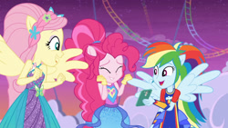 Size: 3410x1920 | Tagged: safe, derpibooru import, screencap, fluttershy, pinkie pie, rainbow dash, better together, equestria girls, rollercoaster of friendship, cellphone, cute, dashabetes, diapinkes, equestria land, eyes closed, female, open mouth, phone, ponied up, roller coaster, shyabetes, smartphone, smiling, spread wings, trio, trio female, wings