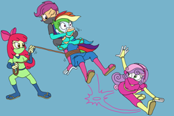 Size: 2500x1667 | Tagged: safe, artist:bugssonicx, derpibooru import, apple bloom, rainbow dash, scootaloo, sweetie belle, equestria girls, ambush, bondage, bow, brightly colored ninjas, chloroform, cutie mark crusaders, kunoichi, lasso, martial arts, mask, ninja, rope, sandals, surprised, sweep kick