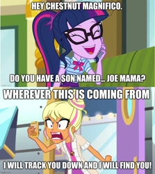 Size: 891x998 | Tagged: safe, derpibooru import, edit, edited screencap, screencap, chestnut magnifico, sci-twi, twilight sparkle, better together, equestria girls, movie magic, text support, text support: sunset shimmer, spoiler:eqg specials, caption, cellphone, comic, eyes closed, geode of telekinesis, glasses, image macro, magical geodes, meme, phone, prank call, regular show, rigby, screencap comic, smartphone, solo, text