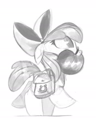 Size: 1280x1646 | Tagged: safe, artist:talonsofwater, derpibooru import, apple bloom, adorabloom, apple, bag, cute, female, filly, food, saddle bag, sketch, solo