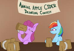 Size: 1752x1216 | Tagged: safe, artist:aquaticvibes, derpibooru import, berry punch, berryshine, rainbow dash, earth pony, pegasus, apple cider, atg 2021, chest fluff, newbie artist training grounds, sweat, sweatdrops