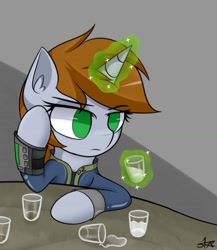 Size: 1280x1475 | Tagged: safe, artist:starssm, derpibooru import, oc, oc only, oc:littlepip, pony, unicorn, fallout equestria, alcohol, annoyed, clothes, glass, glowing horn, horn, magic, magic aura, pipbuck, shot glass, spilled drink, vault suit