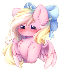 Size: 2000x2329 | Tagged: safe, artist:sweesear, derpibooru import, oc, oc only, oc:bay breeze, pegasus, pony, blushing, bow, chest fluff, chibi, cute, ear fluff, ears, eyes closed, female, fluffy, hair bow, mare, ocbetes, pegasus oc, simple background, solo, white background, wings