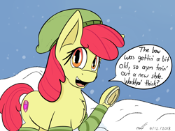 Size: 1024x768 | Tagged: safe, artist:woofyhoundisdead, derpibooru import, apple bloom, earth pony, pony, alternate accessories, beanie, female, filly, frog (hoof), hat, horseshoes, leg warmers, looking at you, one hoof raised, open mouth, open smile, smiling, snow, solo, speech bubble, underhoof
