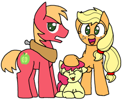 Size: 394x322 | Tagged: safe, artist:anonymouseleven, derpibooru import, apple bloom, applejack, big macintosh, earth pony, pony, apple siblings, apple sisters, brother and sister, female, filly, male, mare, missing accessory, siblings, simple background, sisters, smiling, stallion, transparent background, trio