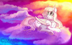 Size: 3000x1899 | Tagged: safe, artist:mediasmile666, derpibooru import, oc, oc only, pegasus, pony, butt, choker, clothes, cloud, dock, female, folded wings, looking back, lying down, mare, plot, rear view, sky, smiling, socks, solo, thigh highs, two toned wings, underhoof, wings
