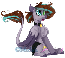 Size: 2423x2180 | Tagged: safe, artist:mediasmile666, derpibooru import, oc, oc only, pegasus, pony, bandage, bell, bell collar, chest fluff, collar, colored hooves, ear piercing, female, folded wings, heterochromia, high res, leonine tail, mare, open mouth, pegasus oc, piercing, simple background, sitting, solo, transparent background, two toned wings, wing claws, wings