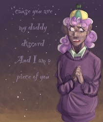 Size: 1080x1278 | Tagged: safe, artist:nikek_doodles, derpibooru import, screwball, clothes, daddy discord, dark skin, doodle, hat, implied discord, propeller hat, quote, sweater, swirly eyes, youtube link