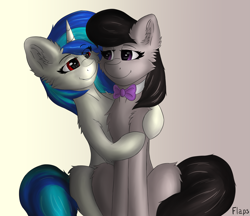 Size: 2869x2475 | Tagged: safe, artist:flapstune, derpibooru import, dj pon-3, octavia melody, vinyl scratch, earth pony, pony, unicorn, bowtie, ear fluff, ears, female, fluffy, gradient background, high res, hug, lesbian, mare, purple eyes, red eyes, scratchtavia, shipping, signature, simple background, smiling, two toned mane