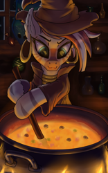 Size: 960x1536 | Tagged: safe, artist:cherrymocaccino, artist:zuko42, derpibooru import, zecora, zebra, cauldron, food, solo, soup, witch costume, zecora's hut