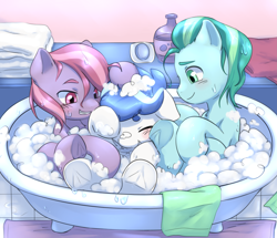 Size: 5545x4774 | Tagged: safe, artist:aquoquoo, derpibooru import, crystal pony, earth pony, pony, absurd resolution, bath, bathroom, bathtub, bubble bath, colt, foal, frog (hoof), frosty quartz, lavender bunch, male, topaz gleam, trio, underhoof