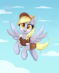 Size: 3253x4000 | Tagged: safe, alternate version, artist:confetticakez, derpibooru import, derpy hooves, pegasus, pony, bag, clothes, female, flying, hat, high res, mailbag, mailmare, mare, newbie artist training grounds, open mouth, open smile, saddle bag, shirt, smiling, solo