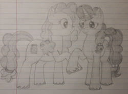 Size: 1280x936 | Tagged: safe, artist:essentialsingularity, derpibooru import, pear butter, sugar belle, cute, duo, holding hooves, newbie artist training grounds, pencil drawing, puffy mane, traditional art, unshorn fetlocks