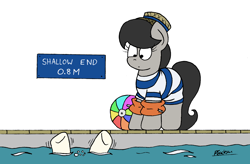 Size: 2208x1448 | Tagged: safe, artist:bobthedalek, derpibooru import, dj pon-3, octavia melody, vinyl scratch, pony, beach ball, clothes, drowning, hat, newbie artist training grounds, silly, silly pony, surprised, swimming pool, swimsuit, water wings