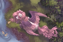 Size: 2560x1725 | Tagged: safe, artist:konejo, derpibooru import, oc, oc only, bird, duck, pegasus, pony, dappled, grass, looking at each other, outdoors, solo, spread wings, water