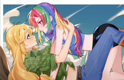 Size: 658x427 | Tagged: safe, artist:feifeiyouji, derpibooru import, applejack, rainbow dash, human, appledash, female, humanized, lesbian, shipping, sleeveless