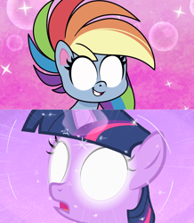 Size: 1920x2200 | Tagged: safe, derpibooru import, screencap, rainbow dash, twilight sparkle, unicorn twilight, pegasus, pony, unicorn, my little pony: pony life, the cutie mark chronicles, time after time capsule, spoiler:pony life s02e09, female, filly, filly twilight sparkle, glowing eyes, no pupils, open mouth, teeth, younger