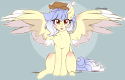 Size: 3084x1970 | Tagged: safe, artist:2pandita, derpibooru import, oc, oc only, pegasus, pony, female, mare, sitting, solo, spread wings, tongue, tongue out, two toned wings, wings