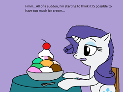 Size: 2000x1500 | Tagged: safe, artist:blazewing, derpibooru import, rarity, unicorn, atg 2021, bowl, chair, cherry, colored background, drawpile, food, hooves on the table, ice cream, newbie artist training grounds, rarity looking at food, spoon, sundae, table, text, that pony sure does love ice cream, whipped cream