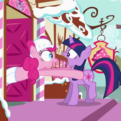 Size: 1080x1080 | Tagged: safe, derpibooru import, screencap, pinkie pie, twilight sparkle, unicorn twilight, earth pony, pony, unicorn, baby cakes, season 2, cropped, diaper, diaper on head, duo, female, mare, open mouth