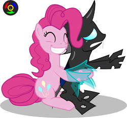 Size: 2433x2271 | Tagged: safe, artist:kyoshyu, derpibooru import, pinkie pie, changeling, earth pony, pony, doomie pie, eyes closed, fangs, female, frown, grin, gritted teeth, hape, hug, hug from behind, mare, non-consensual cuddling, reaching, simple background, sitting, smiling, squee, transparent background, vector