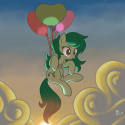 Size: 1280x1280 | Tagged: safe, artist:branewashpv, derpibooru import, wallflower blush, earth pony, pony, equestria girls, :t, balloon, chest fluff, cloud, cute, equestria girls ponified, featured image, female, floating, flowerbetes, freckles, heart balloon, mare, ponified, scrunchy face, solo, sweet dreams fuel