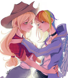 Size: 500x572 | Tagged: safe, artist:yueyong996, derpibooru import, applejack, rainbow dash, human, appledash, female, humanized, lesbian, shipping