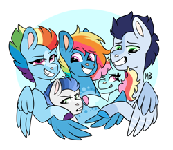 Size: 1010x877 | Tagged: safe, artist:moccabliss, derpibooru import, rainbow dash, soarin', oc, oc:cloud spirit, oc:steel storm, oc:sunny side up, the last problem, bust, family, female, group hug, half-siblings, hug, male, offspring, older, older rainbow dash, older soarin', older soarindash, parent:rainbow dash, parent:soarin', parent:zephyr breeze, parents:zephdash, shipping, simple background, soarindash, straight, white background