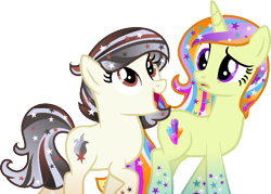 Size: 855x613 | Tagged: safe, artist:pegasski, derpibooru import, oc, oc only, oc:equanimity nova, oc:galaxy gleam, earth pony, pony, unicorn, base used, confused, duo, duo female, earth pony oc, ethereal mane, eyelashes, female, horn, looking up, mare, open mouth, open smile, simple background, smiling, starry mane, transparent background, unicorn oc, universe pony