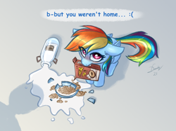 Size: 1890x1417 | Tagged: safe, artist:dandy, derpibooru import, rainbow dash, pegasus, pony, bad pony, blushing, cereal, cute, dashabetes, embarrassed, female, food, from above, mare, milk, newbie artist training grounds, pony pet, sitting, solo, spilled milk, text
