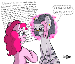 Size: 3598x3072 | Tagged: safe, artist:datzigga, derpibooru import, pinkie pie, oc, oc:dizzy, earth pony, pony, zebra, canon x oc, female, frown, glasses, high res, lidded eyes, looking at each other, love at first sight, male, open mouth, open smile, piercing, shipping, smiling, straight, text, vulgar, wall of text, zebra oc