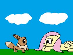 Size: 2000x1498 | Tagged: safe, artist:blazewing, derpibooru import, fluttershy, fox, pegasus, pony, atg 2021, cloud, colored background, curious, drawpile, duo, eevee, female, fox pokémon, lying down, mare, newbie artist training grounds, pokémon, prone, raised paw, smiling, surprised