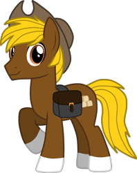 Size: 2828x3577 | Tagged: safe, artist:feathertrap, oc, oc only, oc:acres, earth pony, pony, blonde, blonde mane, blonde tail, brown coat, cowboy hat, earth pony oc, gift art, looking at you, male, raised hoof, raised leg, saddle bag, show accurate, simple background, smiling, solo, stallion, transparent background, vector