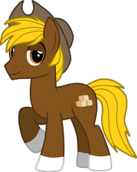 Size: 2828x3577 | Tagged: safe, artist:feathertrap, oc, oc only, oc:acres, earth pony, pony, blonde, blonde mane, blonde tail, brown coat, cowboy hat, earth pony oc, gift art, looking at you, male, raised hoof, raised leg, simple background, smiling, solo, stallion, transparent background, vector