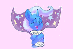 Size: 2390x1617 | Tagged: artist needed, safe, edit, editor:edits of hate, editor:unofficial edits thread, trixie, pony, unicorn, bust, cape, female, hug, mare, paper, pink background, self-hugging, simple background, solo, trixie's cape, wholesome