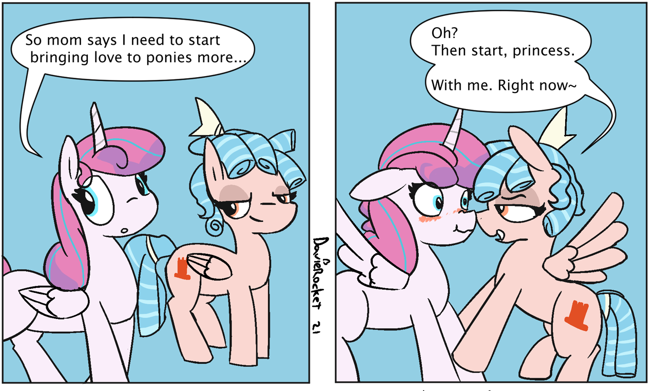 2865296 - safe, artist:davierocket, cozy glow, princess flurry heart,  alicorn, pegasus, pony, 2 panel comic, and then sex happened, blushing,  comic, cozyheart, female, filly, flirting, flying, leg grab, lesbian,  lidded eyes, shipping,